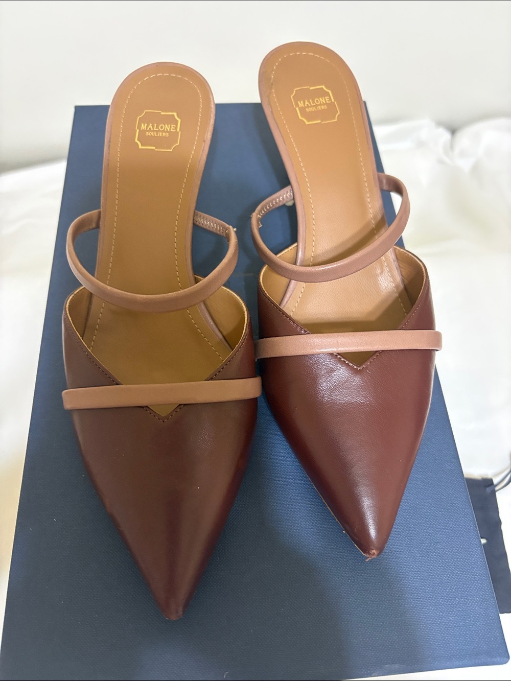 Malone Souliers Brown Two-Tone Pointed Leather Mules